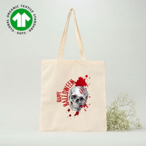 Bolsa de algodón orgánico certificado 42 x 38 cm con motivo de Halloween de calavera
